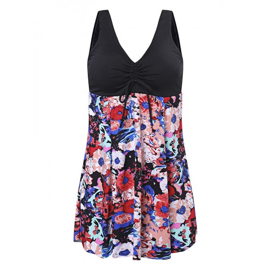 Conservative Deep V Sleeveless Flower Printing U Shape Back Wireless Swimdresses Conservative Deep V Sleeveless Flower Printing U Shape Back Wireless Swimdresses