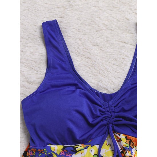 Conservative Deep V Sleeveless Flower Printing U Shape Back Wireless Swimdresses Conservative Deep V Sleeveless Flower Printing U Shape Back Wireless Swimdresses