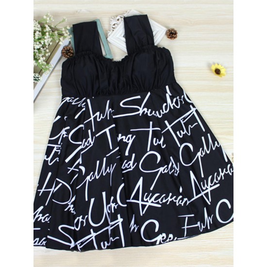 Conservative Plus Size Cute Bathing Suit Letters Printing Ruffle Backless Boysuit Swimdress