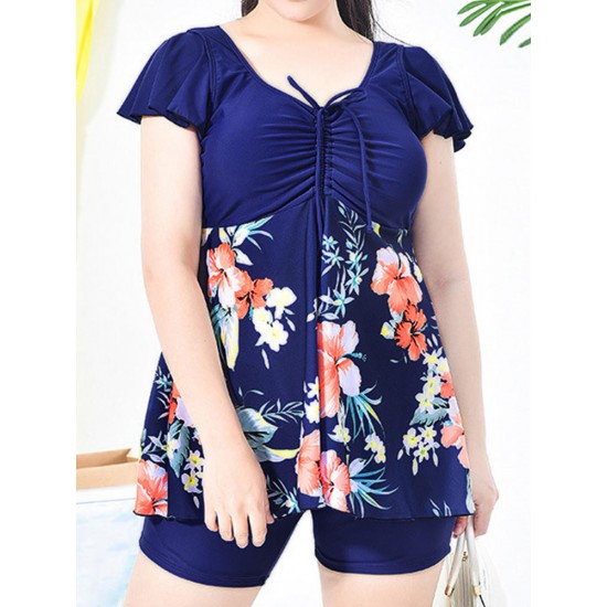 Cosy Flounces Printed Two Pieces Swimwear Ruffle Wireless High Waist Boyshorts Swimdress