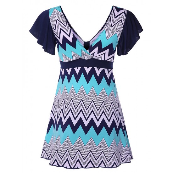 Cosy Wave Printing Ruffle Wireless Short Sleeves Swimdress With Boyshort Cosy Wave Printing Ruffle Wireless Short Sleeves Swimdress With Boyshort