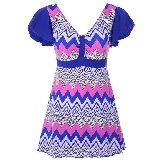 Cosy Wave Printing Ruffle Wireless Short Sleeves Swimdress With Boyshort Cosy Wave Printing Ruffle Wireless Short Sleeves Swimdress With Boyshort