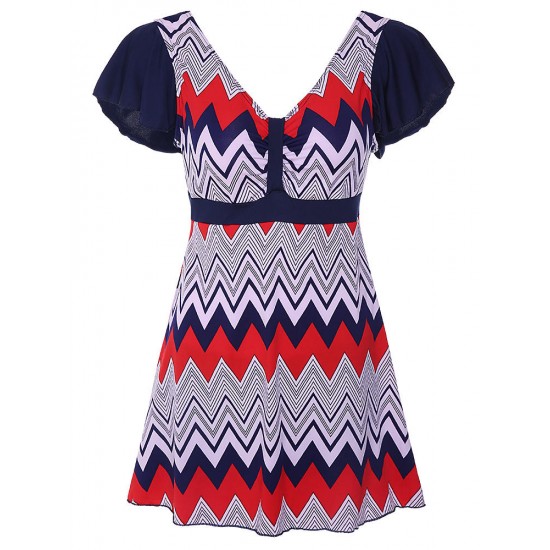 Cosy Wave Printing Ruffle Wireless Short Sleeves Swimdress With Boyshort Cosy Wave Printing Ruffle Wireless Short Sleeves Swimdress With Boyshort