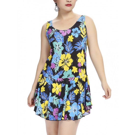 Plus Size Women Flower Printed Swimwear Vest Swimwear Dress