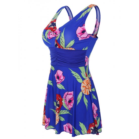 Women V Neck Sleeveless Floral Blooming Pattern Backless Ruffle Breathable Swimdress