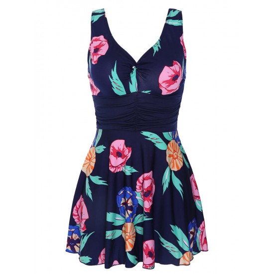 Women V Neck Sleeveless Floral Blooming Pattern Backless Ruffle Breathable Swimdress