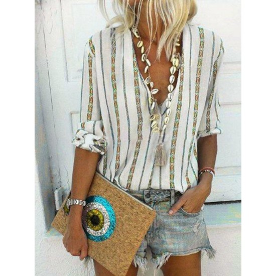 Bohemian Stripe V-ringa långärmad dam Casual Blouse Bohemian Stripe V-ringa långärmad dam Casual Blouse