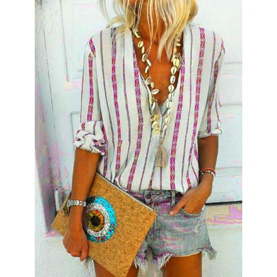 Bohemian Stripe V-ringa långärmad dam Casual Blouse Bohemian Stripe V-ringa långärmad dam Casual Blouse