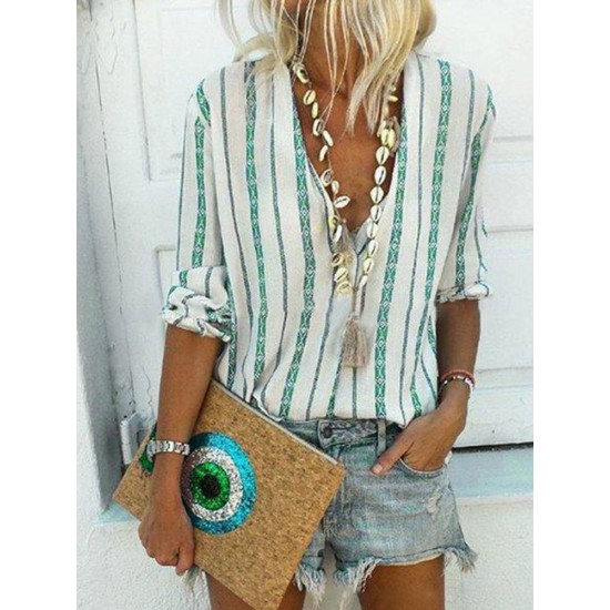 Bohemian Stripe V-ringa långärmad dam Casual Blouse Bohemian Stripe V-ringa långärmad dam Casual Blouse