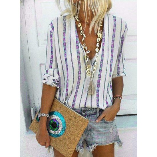 Bohemian Stripe V-ringa långärmad dam Casual Blouse Bohemian Stripe V-ringa långärmad dam Casual Blouse