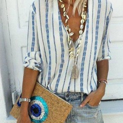 Bohemian Stripe V-ringa långärmad dam Casual Blouse