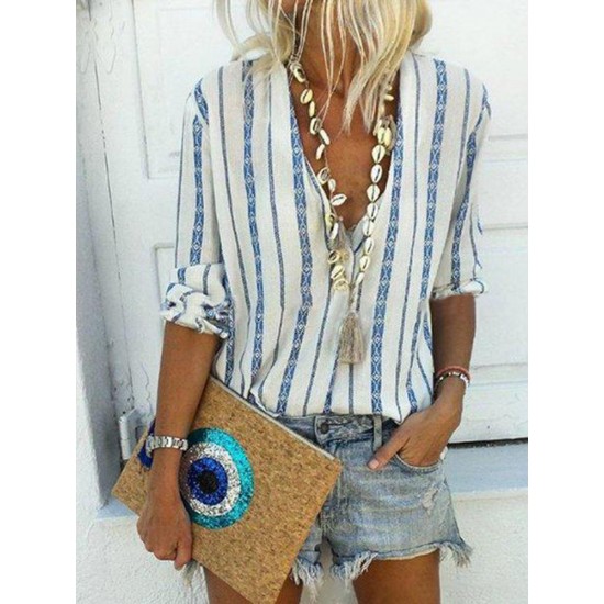 Bohemian Stripe V-ringa långärmad dam Casual Blouse Bohemian Stripe V-ringa långärmad dam Casual Blouse