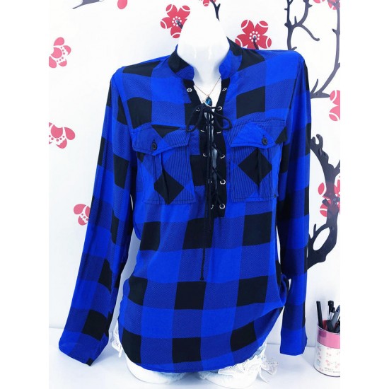 Casual Long Sleeve Lace Up Bandage Autumn Plaid Blouse Casual Long Sleeve Lace Up Bandage Autumn Plaid Blouse