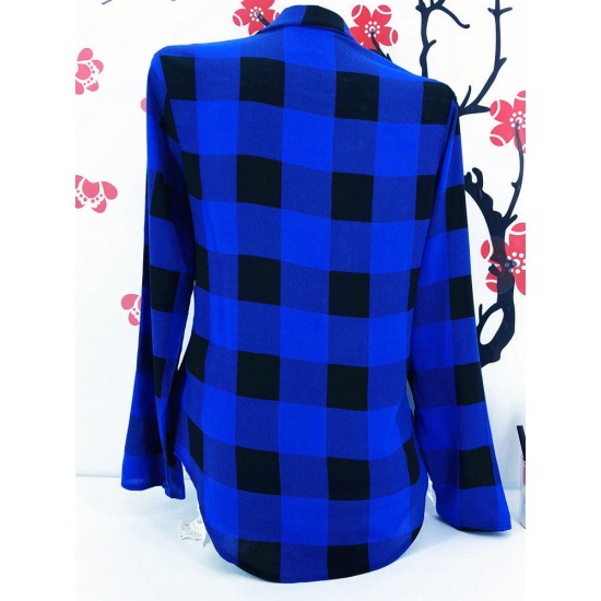 Casual Long Sleeve Lace Up Bandage Autumn Plaid Blouse