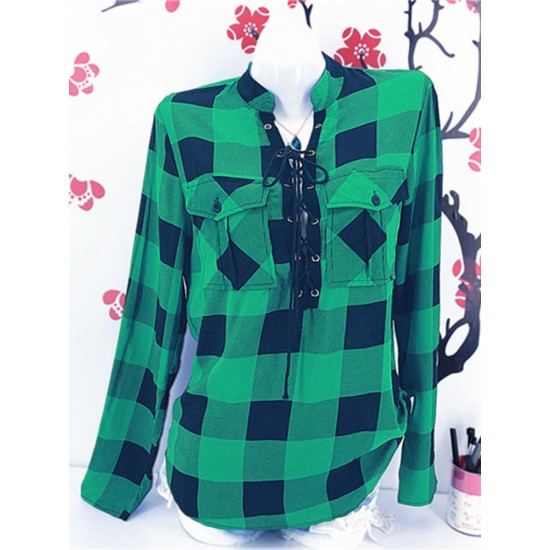 Casual Long Sleeve Lace Up Bandage Autumn Plaid Blouse