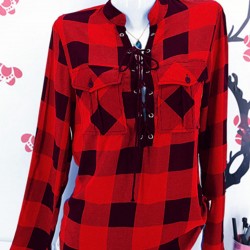Casual Long Sleeve Lace Up Bandage Autumn Plaid Blouse