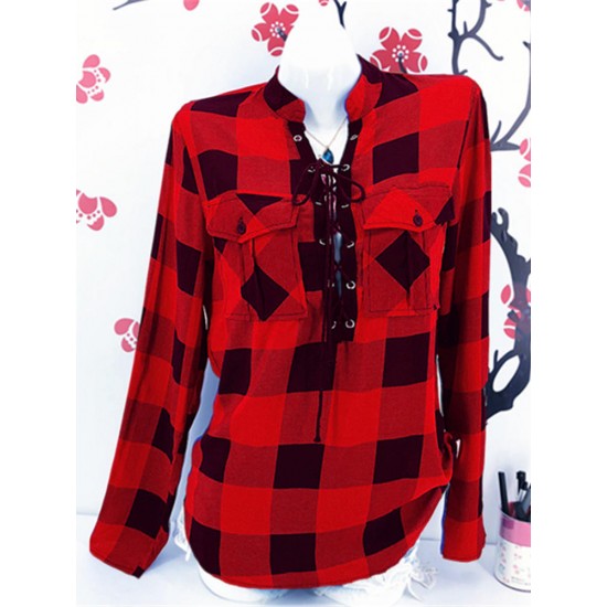 Casual Long Sleeve Lace Up Bandage Autumn Plaid Blouse Casual Long Sleeve Lace Up Bandage Autumn Plaid Blouse