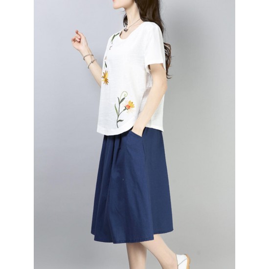 Casual Loose Embroidered O-Neck Short Sleeve Blouse for Women Casual Loose Embroidered O-Neck Short Sleeve Blouse for Women