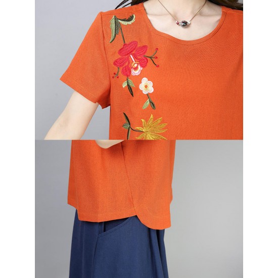 Casual Loose Embroidered O-Neck Short Sleeve Blouse for Women Casual Loose Embroidered O-Neck Short Sleeve Blouse for Women