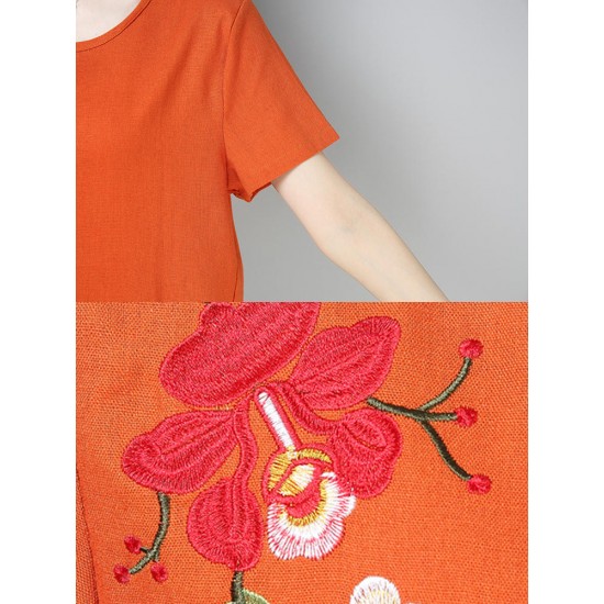 Casual Loose Embroidered O-Neck Short Sleeve Blouse for Women