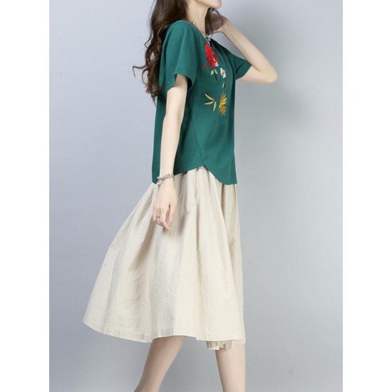 Casual Loose Embroidered O-Neck Short Sleeve Blouse for Women Casual Loose Embroidered O-Neck Short Sleeve Blouse for Women