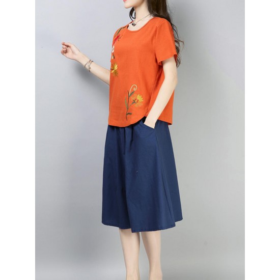 Casual Loose Embroidered O-Neck Short Sleeve Blouse for Women Casual Loose Embroidered O-Neck Short Sleeve Blouse for Women