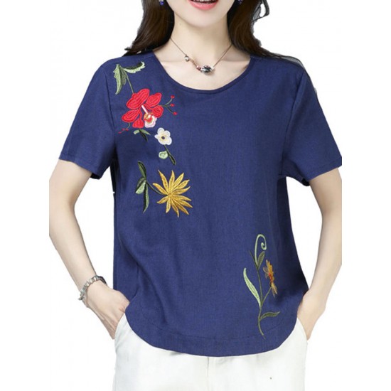 Casual Loose Embroidered O-Neck Short Sleeve Blouse for Women Casual Loose Embroidered O-Neck Short Sleeve Blouse for Women