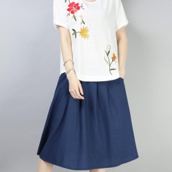 Casual Loose Embroidered O-Neck Short Sleeve Blouse for Women