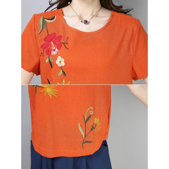 Casual Loose Embroidered O-Neck Short Sleeve Blouse for Women