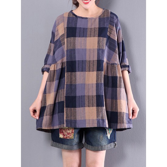 Casual Loose Plaid Long Sleeve Women Pleated Blouse