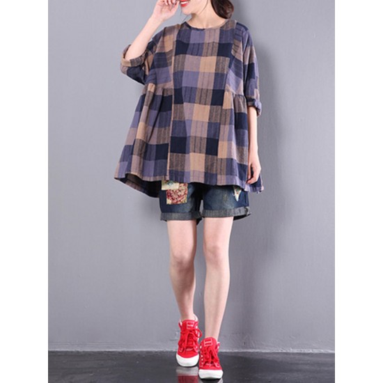 Casual Loose Plaid Long Sleeve Women Pleated Blouse