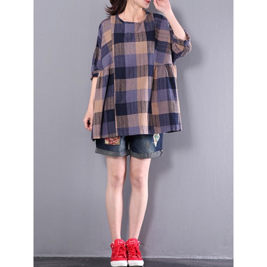 Casual Loose Plaid Long Sleeve Women Pleated Blouse