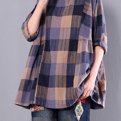 Casual Loose Plaid Long Sleeve Women Pleated Blouse