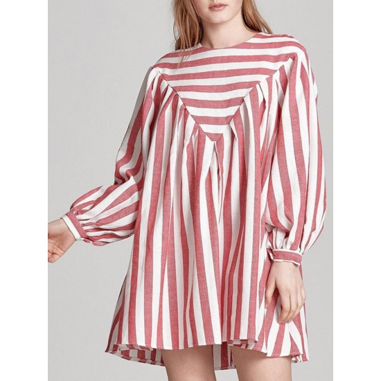 Casual Loose Women Boho Puff Sleeve Striped Print A-Line Mini Dress with Pocket