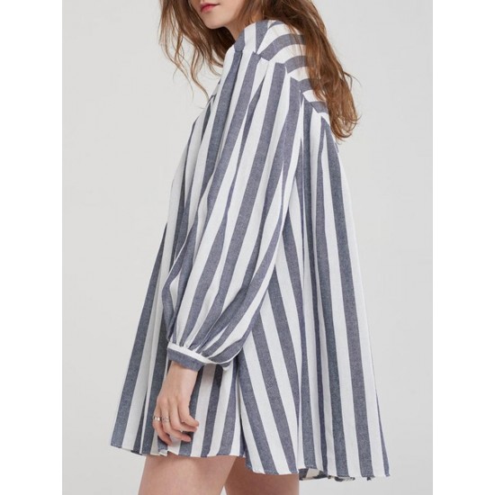 Casual Loose Women Boho Puff Sleeve Striped Print A-Line Mini Dress with Pocket