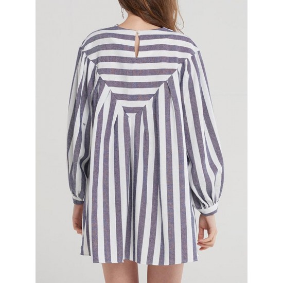 Casual Loose Women Boho Puff Sleeve Striped Print A-Line Mini Dress with Pocket Casual Loose Women Boho Puff Sleeve Striped Print A-Line Mini Dress with Pocket