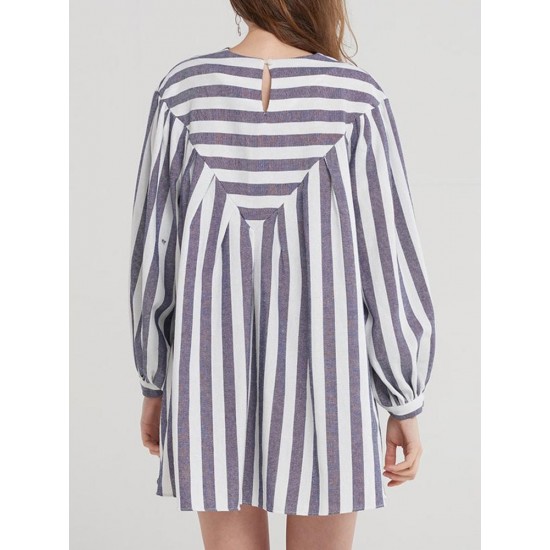 Casual Loose Women Boho Puff Sleeve Striped Print A-Line Mini Dress with Pocket