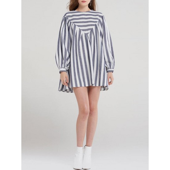 Casual Loose Women Boho Puff Sleeve Striped Print A-Line Mini Dress with Pocket Casual Loose Women Boho Puff Sleeve Striped Print A-Line Mini Dress with Pocket