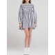 Casual Loose Women Boho Puff Sleeve Striped Print A-Line Mini Dress with Pocket