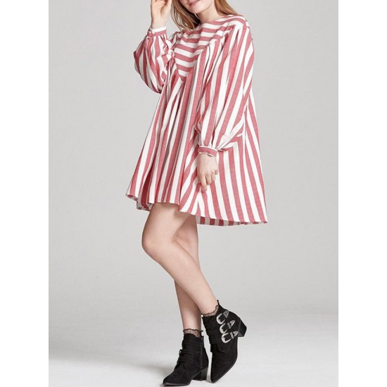 Casual Loose Women Boho Puff Sleeve Striped Print A-Line Mini Dress with Pocket