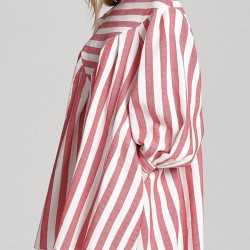 Casual Loose Women Boho Puff Sleeve Striped Print A-Line Mini Dress with Pocket