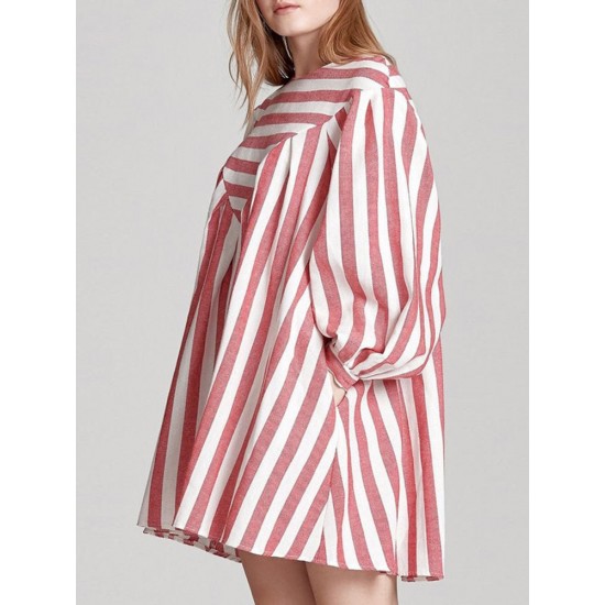 Casual Loose Women Boho Puff Sleeve Striped Print A-Line Mini Dress with Pocket