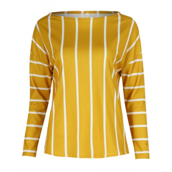 Casual Loose Women Striped 3/4 Sleeve Crew Neck Blouse