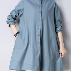 Casual Women Buttons Linen Cotton Solid Color Blouse
