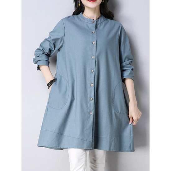 Casual Women Buttons Linen Cotton Solid Color Blouse