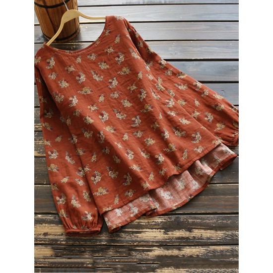 Casual Women Cotton Linen Floral Print High Low Hem Long Sleeve Blouse Casual Women Cotton Linen Floral Print High Low Hem Long Sleeve Blouse