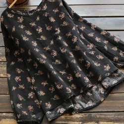 Casual Women Cotton Linen Floral Print High Low Hem Long Sleeve Blouse