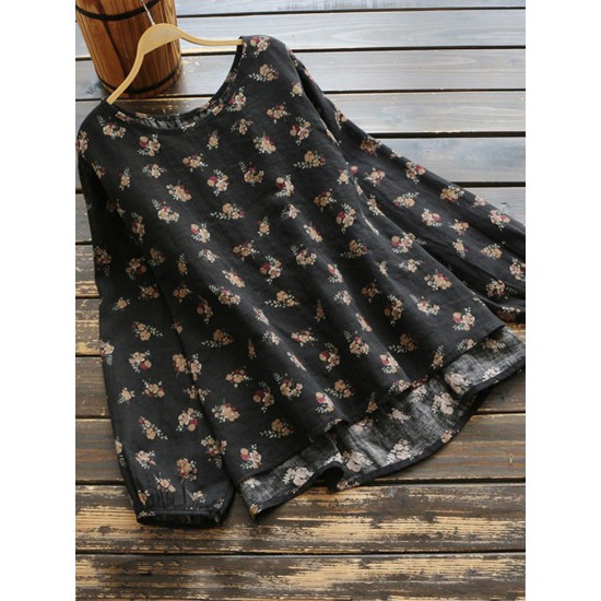 Casual Women Cotton Linen Floral Print High Low Hem Long Sleeve Blouse Casual Women Cotton Linen Floral Print High Low Hem Long Sleeve Blouse