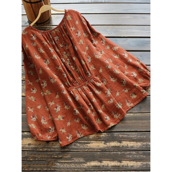 Casual Women Cotton Linen Floral Print High Low Hem Long Sleeve Blouse Casual Women Cotton Linen Floral Print High Low Hem Long Sleeve Blouse