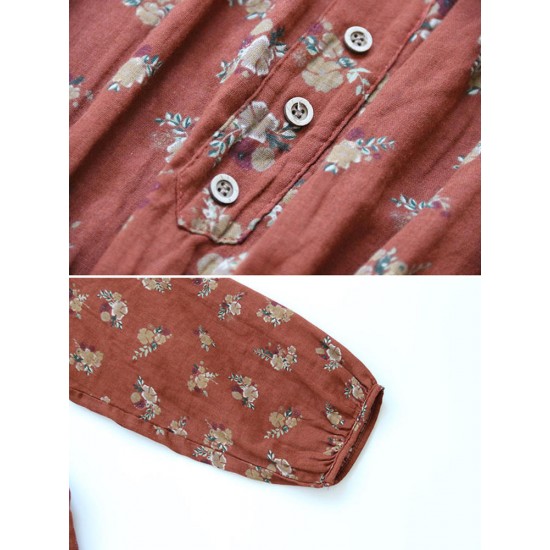 Casual Women Cotton Linen Floral Print High Low Hem Long Sleeve Blouse Casual Women Cotton Linen Floral Print High Low Hem Long Sleeve Blouse